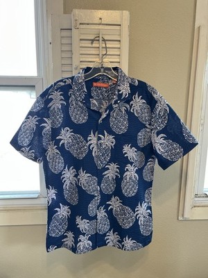 Tori Richard Men s Hawaiian Pineapple Navy & White Seersucker Shirt SZ Med NEW