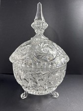 Vintage Lidded Heavy Cut Crystal Serving Dish Round Starburst Footed Elegant