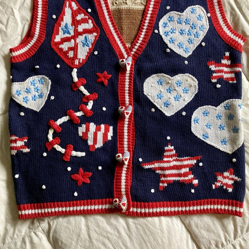 Chaleco Suéter Tejido a Mano Ojo de Águila 1996 De Colección 3D Banda de Marcha Americana EE. UU. Med Foto 4 de 4