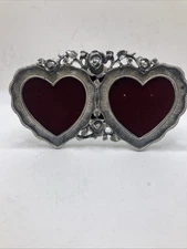 Vintage Pewter Double Heart Photo Frame with Roses, 6.5x3.5” Romantic Design NIB