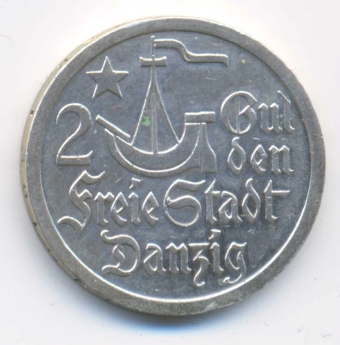 Poland Danzig Free City Silver Coin 2 Gulden 1923 XF RARE