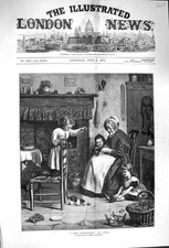 Old Antique Print 1876 Family Home Scene Cheap Entertainment Kitten Wool 19th
