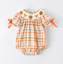 NEW Boutique Thanksgiving Turkey Smocked Embroidered Baby Girls Romper Jumpsuit