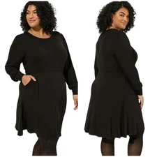Torrid NWT Mini Super Soft Long Puff Sleeve Skater Dress Black Pockets Size 1X