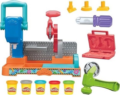 Play-Doh Werkbank Spielset, 5 x 56 g Dosen Modelliermasse in bunten Farben, mit