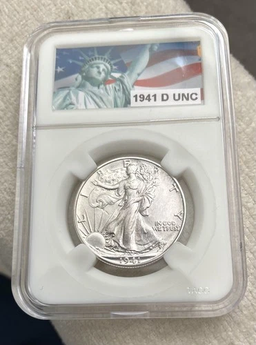 1941 D Walking Liberty Half Dollar, 90% Silver UNC GEM LIKE, Coin Slab Mount