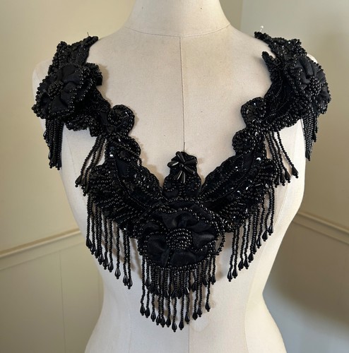 1980's Vintage Black Beaded Dress Appliqué Bodice Front Sequin Flowers Fringe