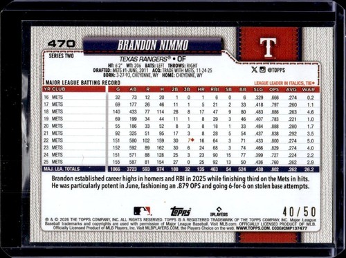 2026 Topps Brandon Nimmo All-Star Game Gold Foil #/50 Rangers - Afbeelding 2 van 2