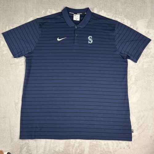 Nike Seattle Mariners Polo Mens XL MLB Authentic Dri Fit Shirt Navy Striped Golf