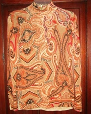 Chico's 0 XS S Knit Top Shirt Blouse Paisley Print Mock Neck Fitted Orange Gold