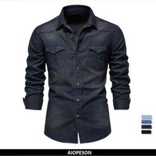 Elastic Cotton Denim Shirt Men Long Sleeve Quality Cowboy Shirts Men Casual Fit