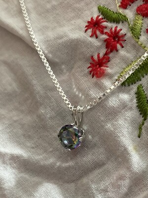 18  Sterling Silver Box Chain With Sterling Silver Mystic Topaz CZ Pendant 