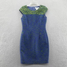 Max Mara Womens Silk Blend Jacquard Sheath Dress 8 Blue Green Leaf Cap Sleeve