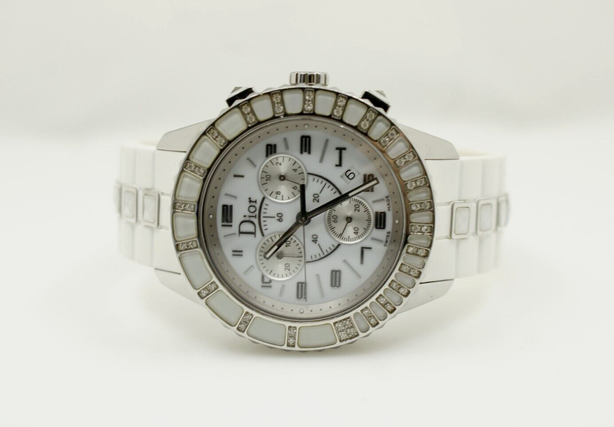 Dior Christal White Chrono Dial, 38mm Diamond Bezel Watch CD114311