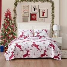 Christmas Queen Full Quilt Bedding Set (1 Reindeer Printed Quilt and 2 Plillo...