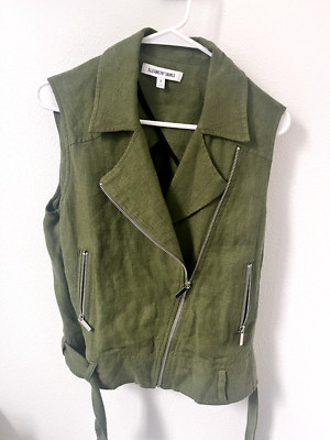  ELIZABETH AND JAMES Green Linen Biker Tegan Moto Jacket Vest ~Small