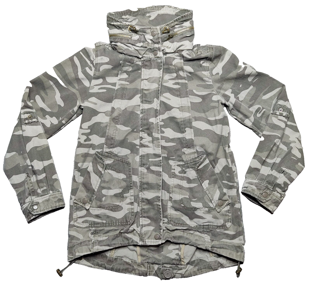 JOLT Women Small Camo Gray Cotton Full Zip Hooded Military Utility Jacket