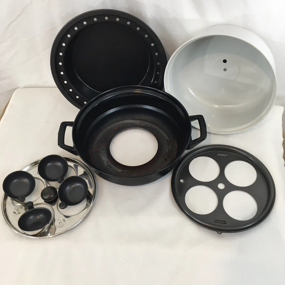 Белый эмалированный металлический плита 4 чашки винтажный яйцо браконьер комплект - Изображение 3 из 4