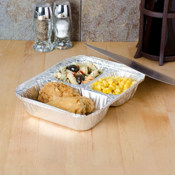 Disposable Aluminum Three Compartment oblong Foil Tray with Aluminum Lid - Image 4 of 4