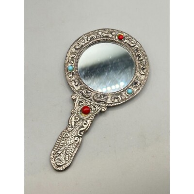 Vintage Silver Tone Jeweled Hand Mirror with Ornate Handle & Red