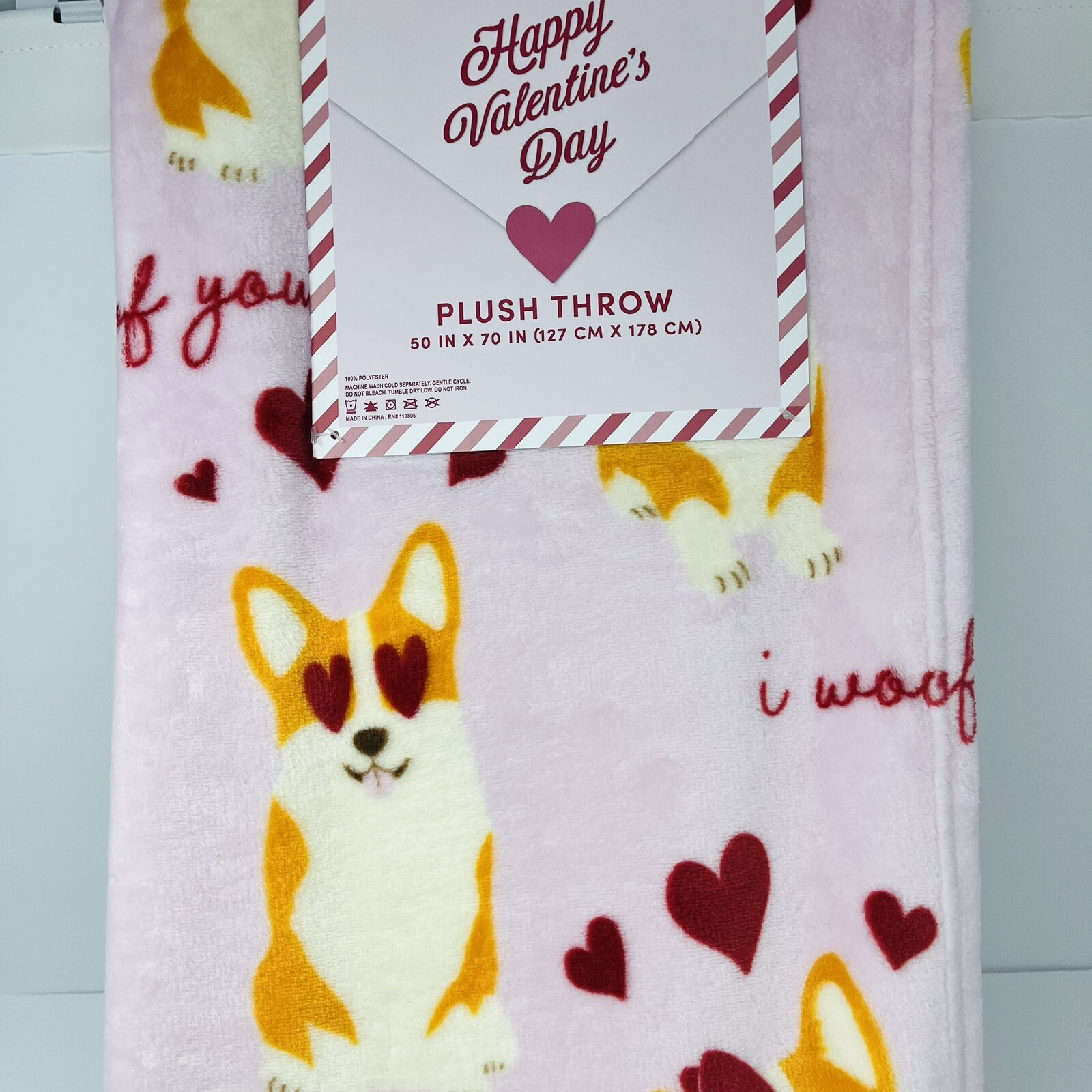 Valentines Day Corgi Dog Throw Blanket 50x70 Inch Pink with Red Hearts I Woof You  
