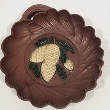 Burwood Scallop Leaf Bowl Pinecone Relief Rustic Cabin Decor Wood Look Vintage