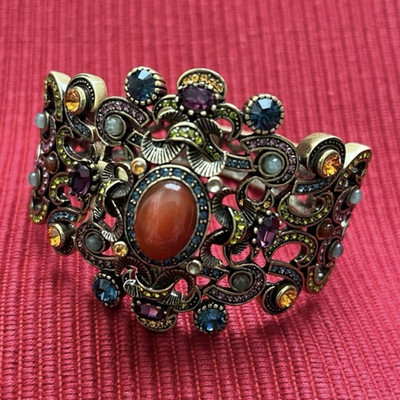 Heidi Daus Hinged Cuff Bracelet Multicolor Rhinestones Oval Orange Stone Signed