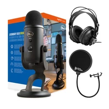 Blue Yeti USB Microphone Blackout with Knox Gear Headphones and Pop Filter
