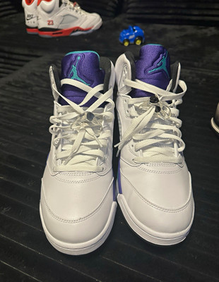 Nike Air Jordan 5 Men s High Top Lace Up Sneakers White/Purple/Teal Basketball