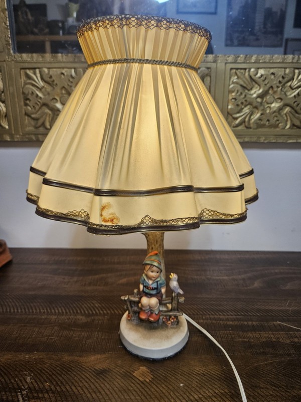 M I Hummel Table Lamp Boy Sitting On Fence Bird Original Shade Tested!