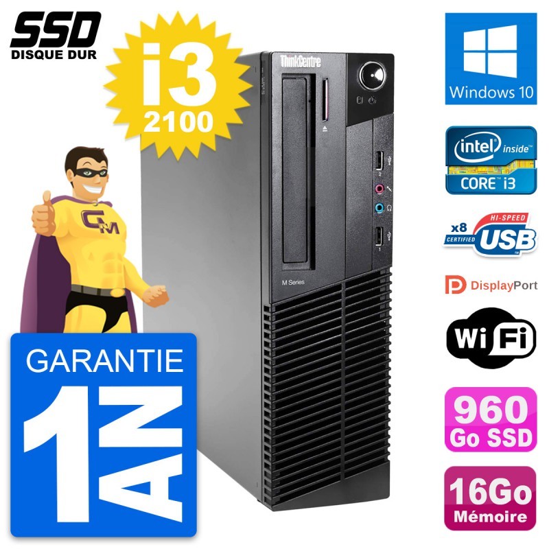 PC Lenovo ThinkCentre M82 SFF Intel i3-2100 RAM 16Go SSD 960Go Windows 10 Wifi