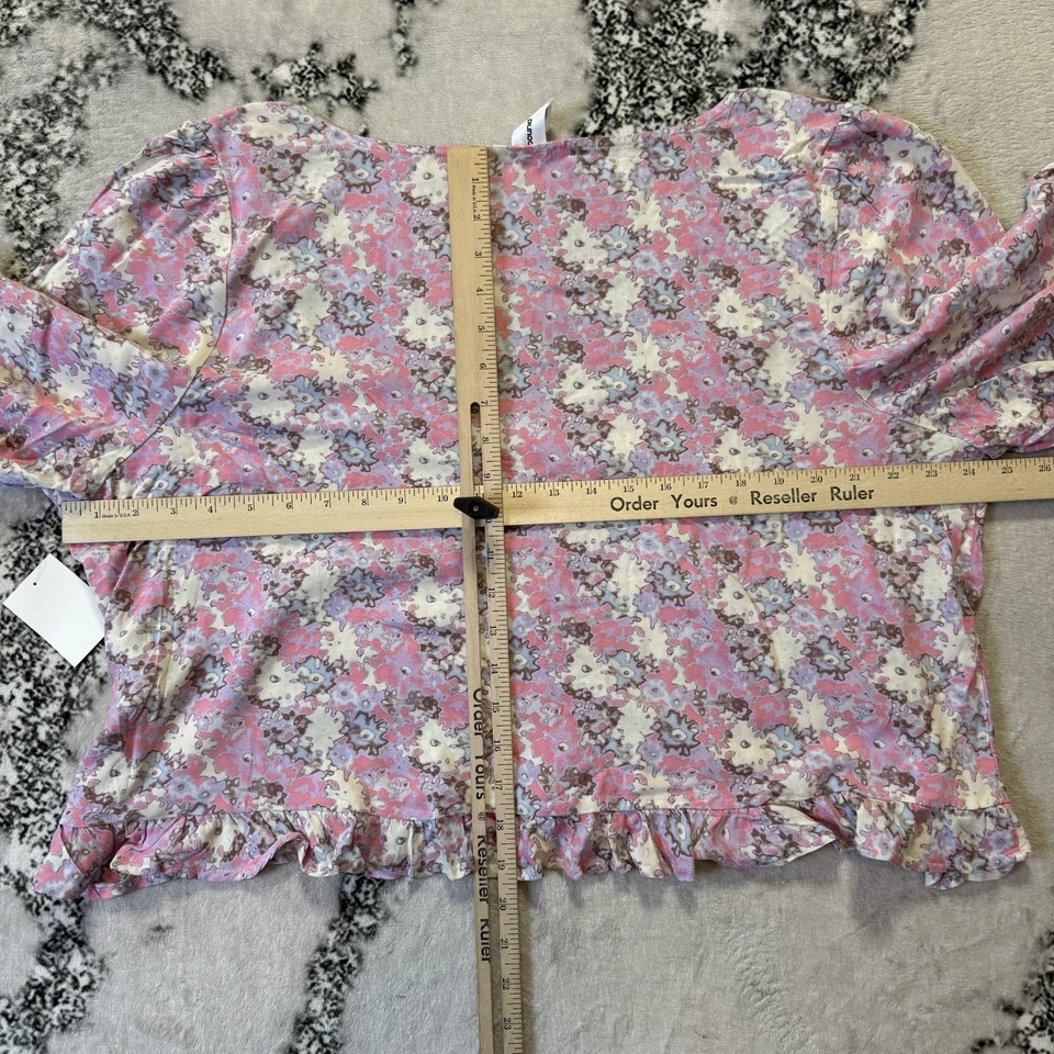 Abound Top Womens Size 3X Pink Multi Floral Balloon Sleeve Ruffle Hem Crop - Image 3 of 4