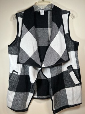 West Loop Womens Vest Black White Gray Plaid Open Front One Size Fits Most - EUC