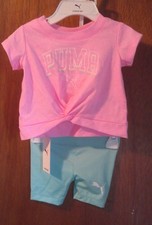 PUMA Girls 2-Piece Outfit Set Pink Graphic Top Aqua Bike Shorts NWT