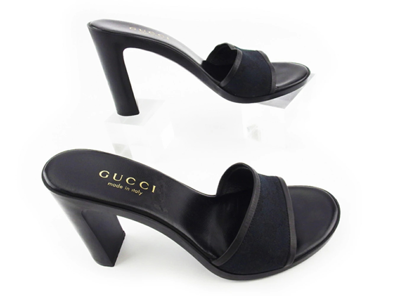 GUCCI Sandals Shoes Women's #36C Chky Heel GG Canvas Black Canvas x Leather GUCC thumbnail 6