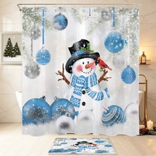 Winter Cardinal Blue Christmas Snowman Shower Curtain Bathroom Accessories Set