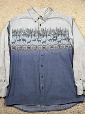 Vintage Cabelas Deerskin Soft Chamois Blue Deer Aztec Button Up Size 2XL