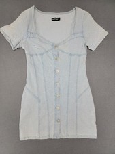 PRETTY LITTLE THING~Woman's 6 Mini Dress Blue Light Wash Stretch Denim Button