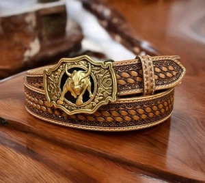 Men's Western Belt Cowboy Rodeo Full Grain Leather Heavy Duty Removable Buckle