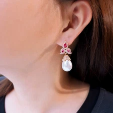 Rose Red Flower Gold Plated Big Pearl Dangle Drop Earrings Zircon Bridal Jewelry
