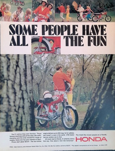 3 Vintage Print Ads 1966 Red Honda Motorcycle Some People All Fun Couple