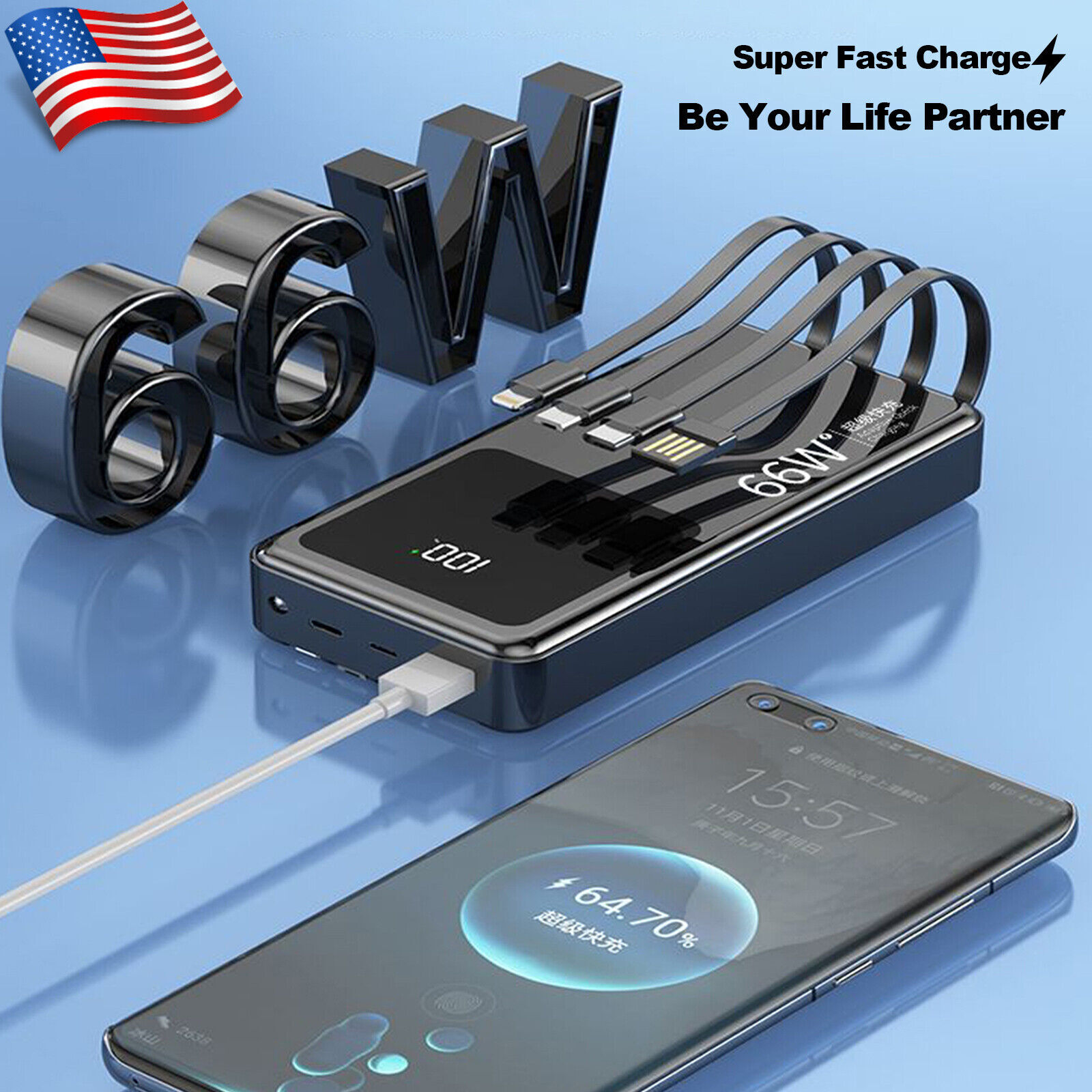 90,000mAh 66W Portable Power Bank with 4 USB Ports & PD20W Fast Charging