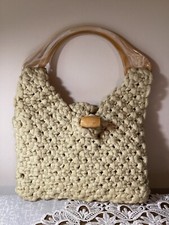 VTG Woven Macrame beige plastic Top Handle lined Purse Handbag Handmade 70s Boho
