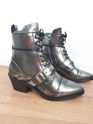 All Saints Katy Leather Ankle Boots 37 RRP £229 lace up silver biker  western UK