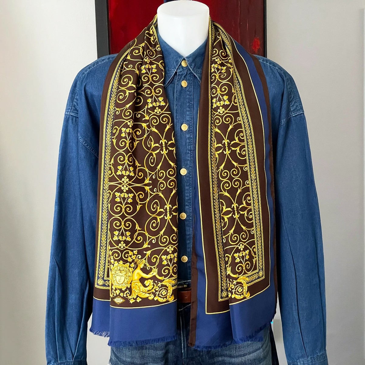 GIANNI VERSACE brown blue silk long scarf Barocco print 17.75 x