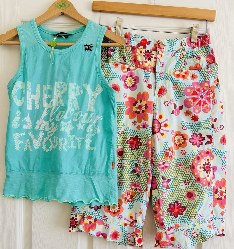 Oilily Kikks Mint Green Top Floral Capri Pants 2 PC Lot Girls 140 9 10 $133