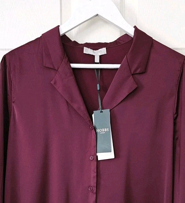 Hobbs Mirabel Satin Shirt Size 12 Burgundy Long Sleeves New With Tags RRP £69 - Image 2 of 4