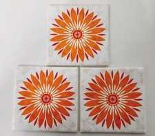 3x Vintage Villeroy & Boch Mettlach 1970s Orange Flower Tiles, 11cm, Germany