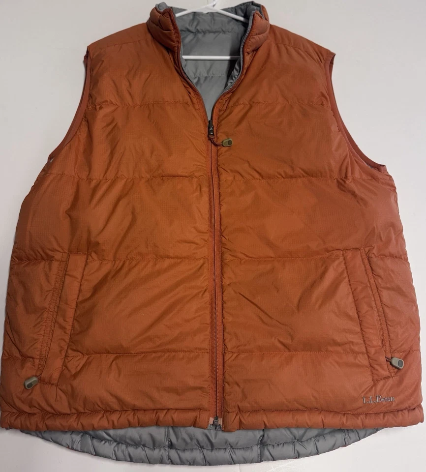 LL Bean Goose Down Puffer Vest Reversible Men Large Gray And Orange Zip Pockets - Image 2 of 4
