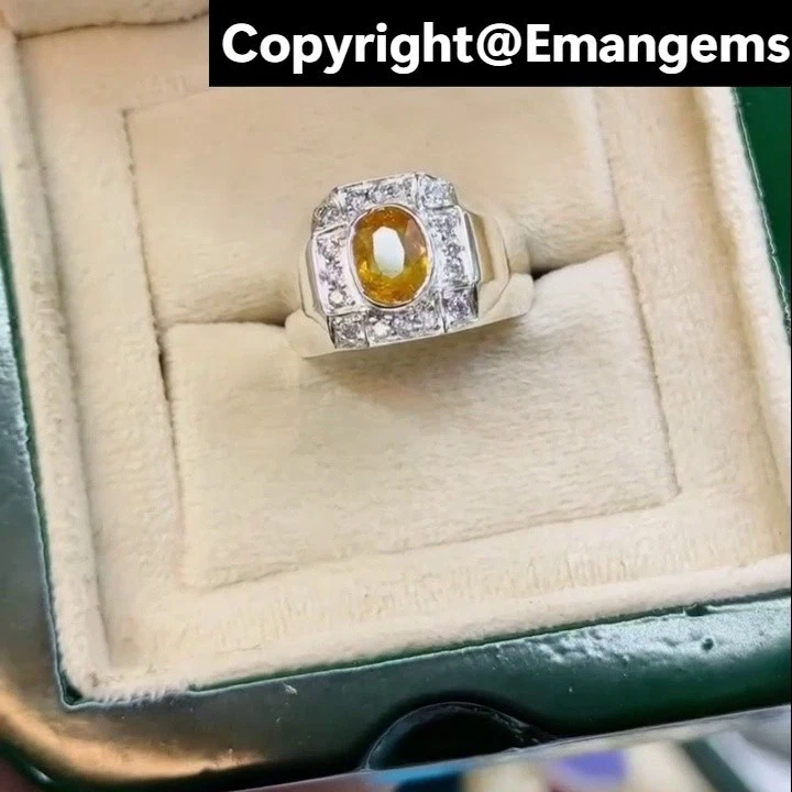 Anel masculino de prata esterlina 925 presente de Natal safira amarela da Birmânia - Imagem 2 de 4